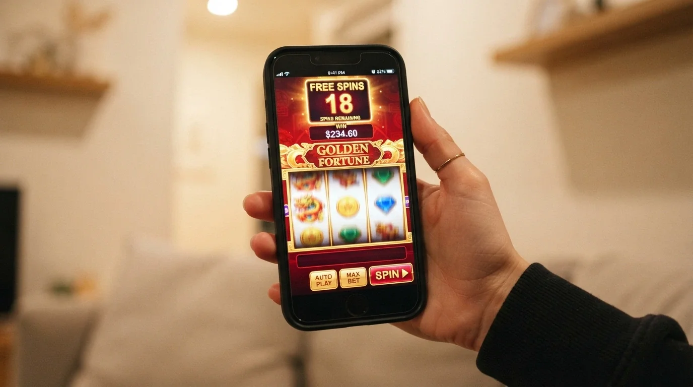 A hand holding a smartphone with a pokie game mid-spin and a free-spins counter displayed at the top of the screen