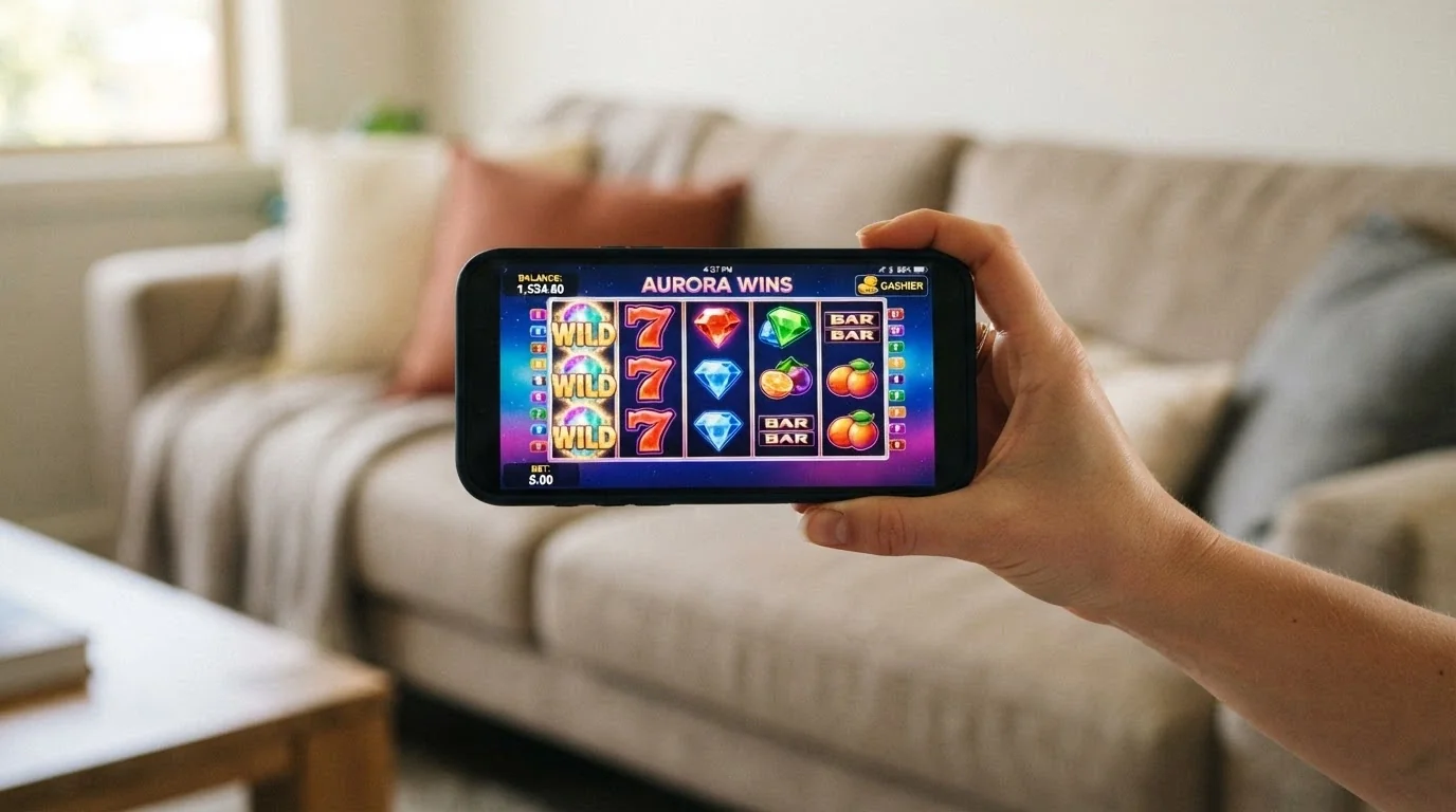 A modern smartphone held horizontally showing a pokies game running in a mobile browser, with the cashier icon and bonus tab visible