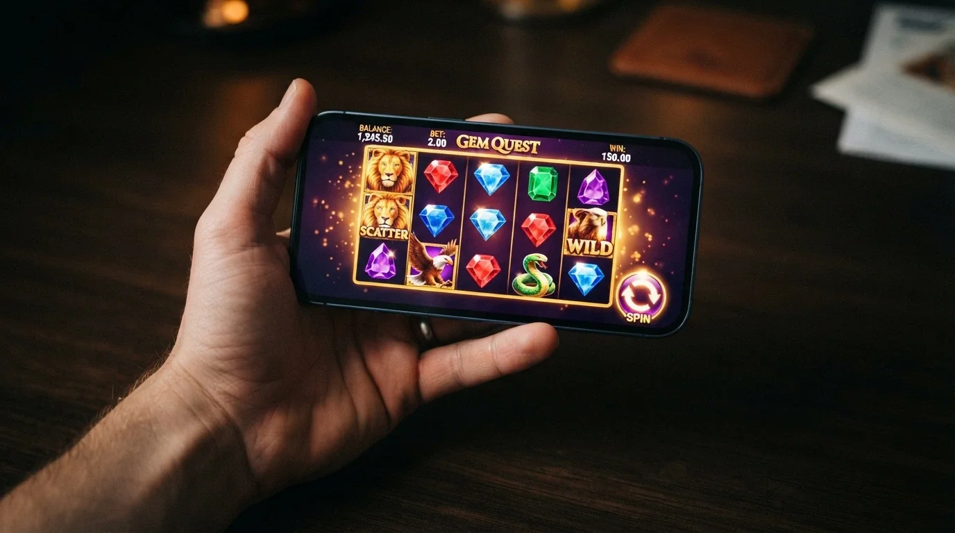 A close-up phone screen running a 5×3 pokie in landscape mode, with the spin button and balance visible