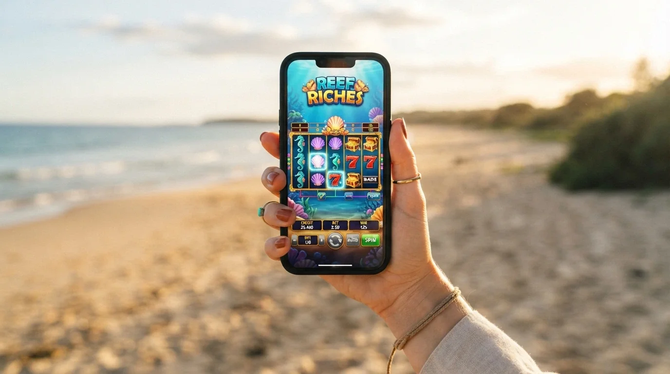 A hand holding a smartphone in portrait orientation with a pokies game spinning on screen, Australian landscape visible out of focus behind it