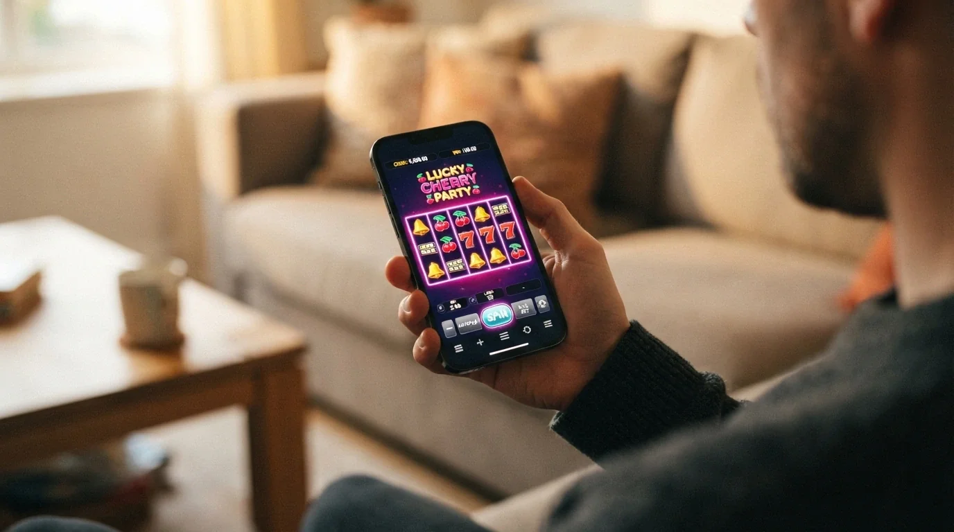 A smartphone held in landscape orientation displaying an online pokie game with betting controls visible on screen
