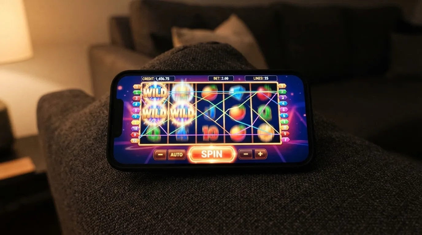 A smartphone held in landscape mode displaying a pokie game in progress, with a small balance readout and spin button.
