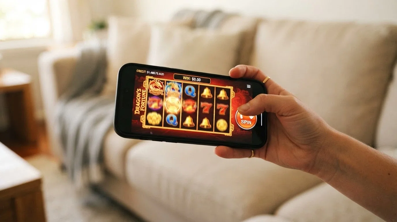 A hand holding a smartphone in landscape orientation showing a pokies game running in a mobile browser with the spin button pressed and AUD balance visible