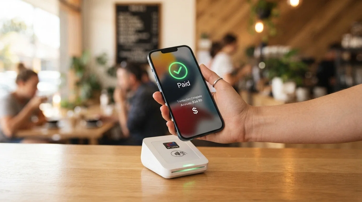 A hand holding a phone to a contactless terminal, the Apple Pay interface glowing on screen with a casino-branded deposit confirmation behind it, fingerprint on the home button for biometric auth
