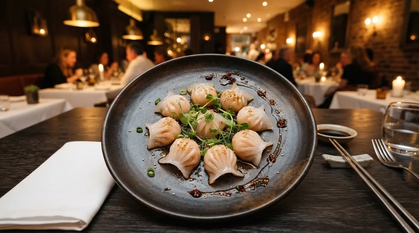 a plated dish at Natural Nine restaurant inside Casino Canberra with warm dining-room lighting