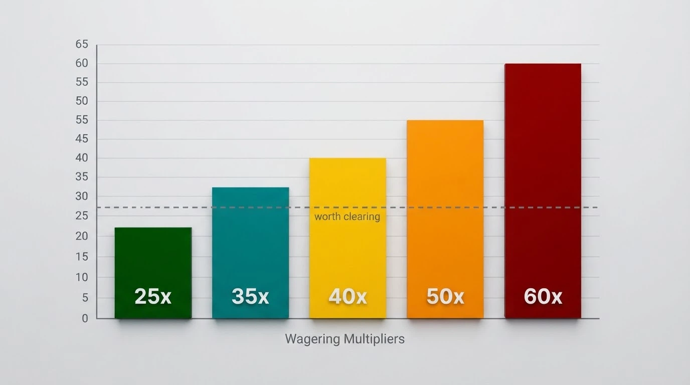 An abstract visual of a comparison table with wagering multipliers as bar lengths, the shortest bar marked “25x” and the longest “60x”, with a dashed line at “35x” labelled “worth clearing”