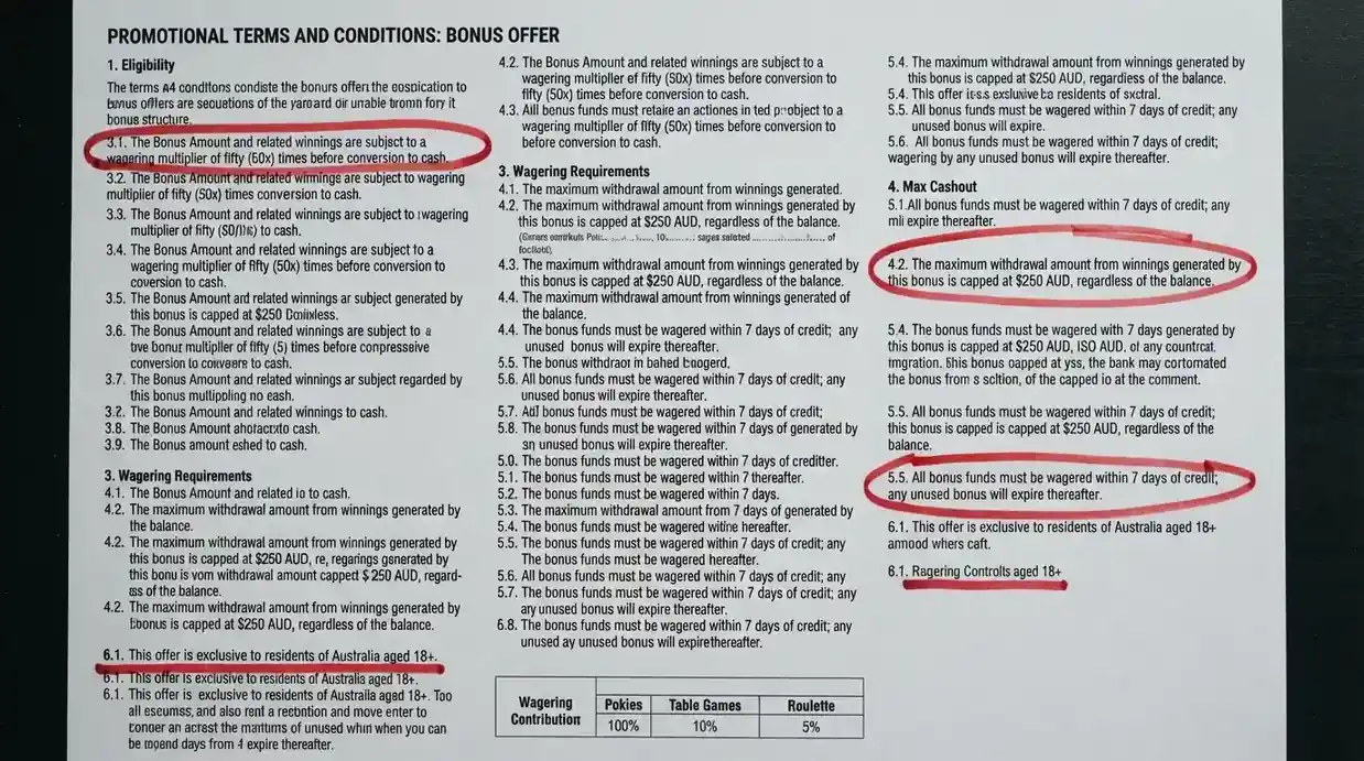 A close-up of casino bonus terms and conditions with wagering requirement, max cashout and expiry clauses circled in red