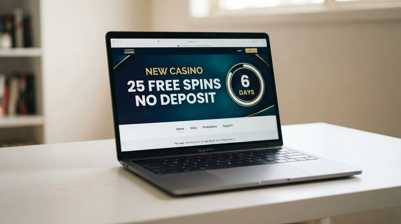 A promotional banner on a casino homepage with “New Casino — 25 Free Spins No Deposit” in large type, a countdown timer showing 6 days remaining, and small-print terms beneath