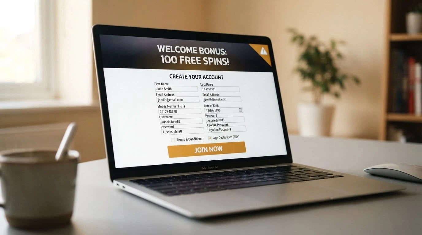 A freshly designed casino registration form with promotional banners for no deposit free spins and a “Join Now” button, overlaid with a caution icon