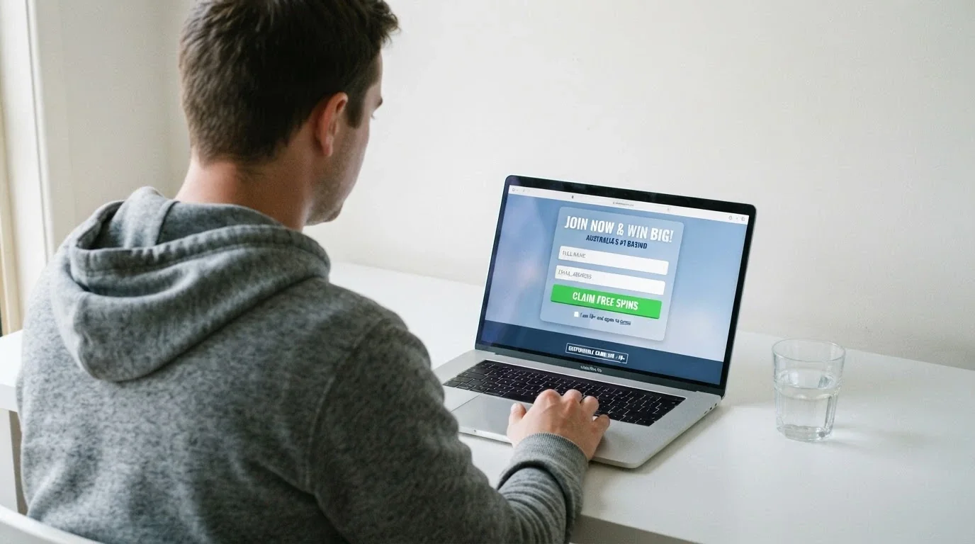 A registration form on a laptop screen with a “Claim Free Spins” button prominent, a Curaçao licence badge visible in the footer