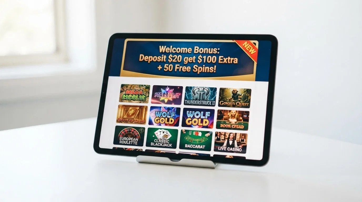 A fresh-looking casino lobby screen with a prominent welcome-offer banner and a “new” tag