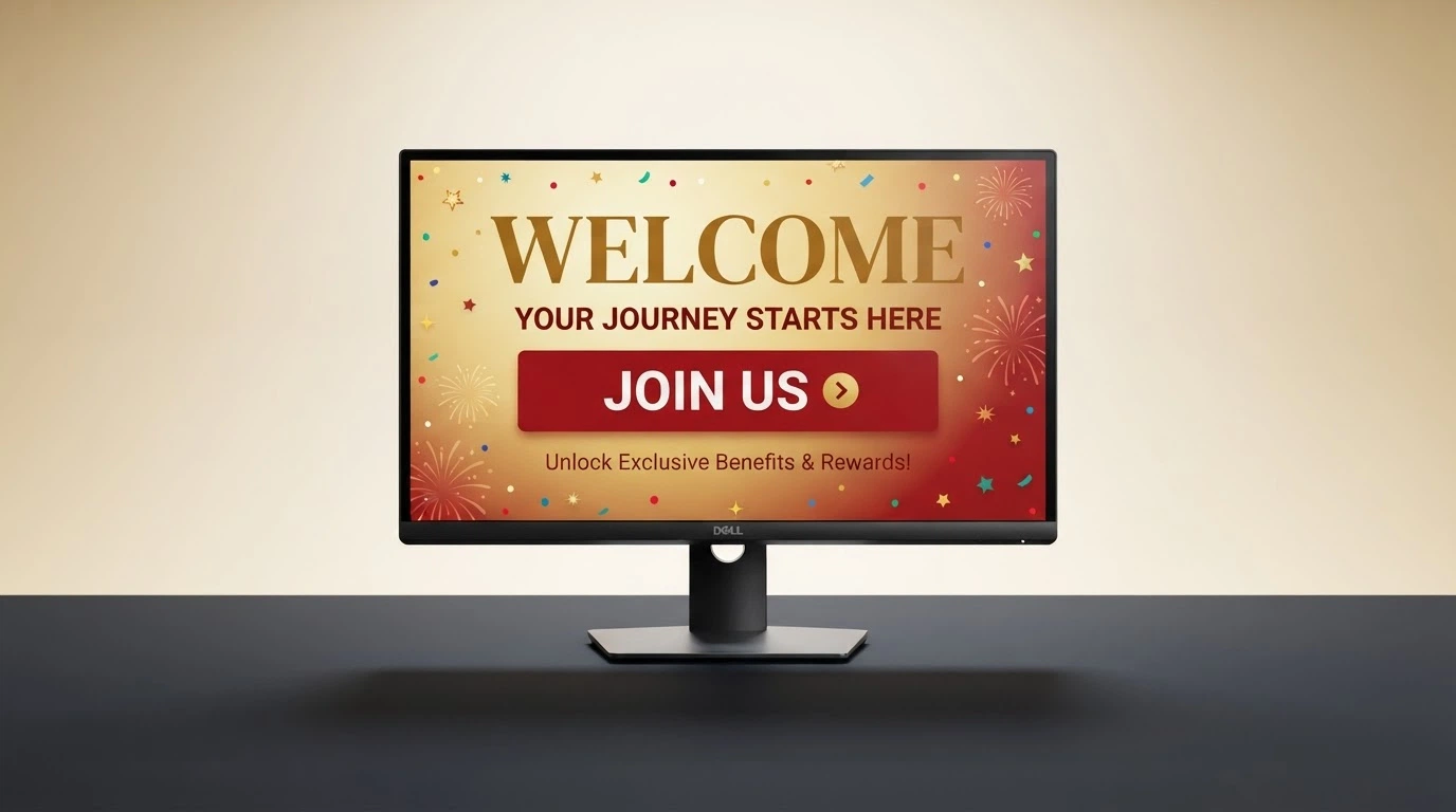 A brightly styled website hero banner reading “Welcome — 50 Free Spins” with a sign-up button, on a screen with confetti-style design elements