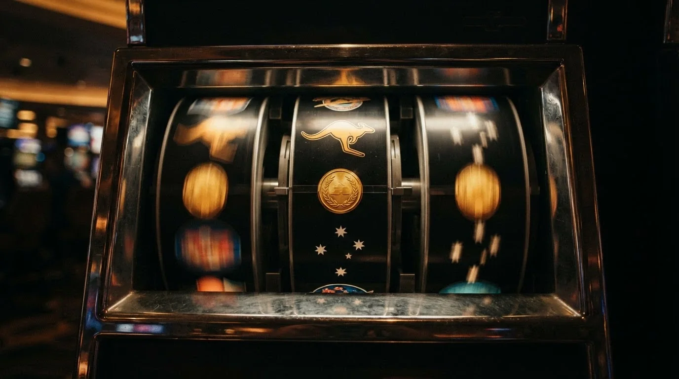 A close-up of three slot-machine reels mid-spin, showing Australian-themed symbols — a kangaroo, a gold coin, and the Southern Cross