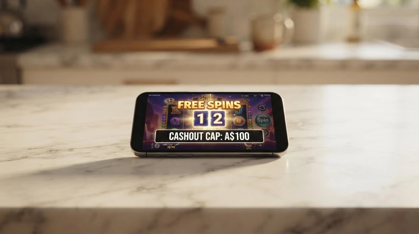 A free-spins counter ticking down on a phone screen with a cashout-cap notice of A$100 displayed below it