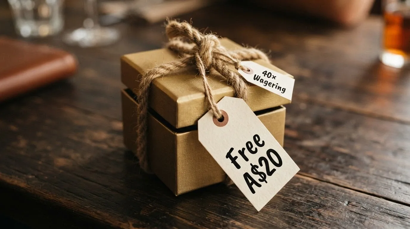 A gift box with “Free A$20” on the tag, tied shut with thick rope labelled “40× Wagering”