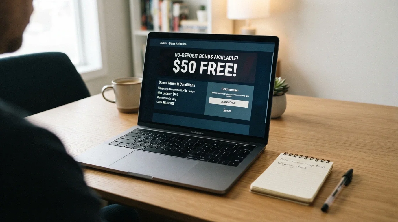 A laptop screen showing a casino cashier page with a no-deposit bonus code activation prompt, the bonus amount displayed and the wagering requirement and cashout cap shown in the terms panel beside it