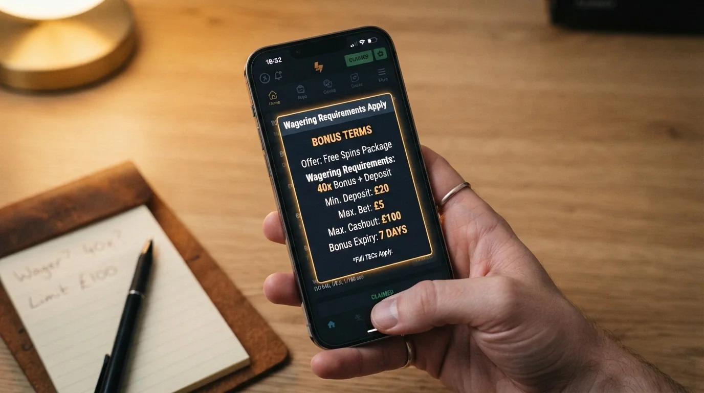 A close-up of a smartphone screen showing a bonus terms pop-up with wagering-requirement, max-cashout and expiry figures highlighted