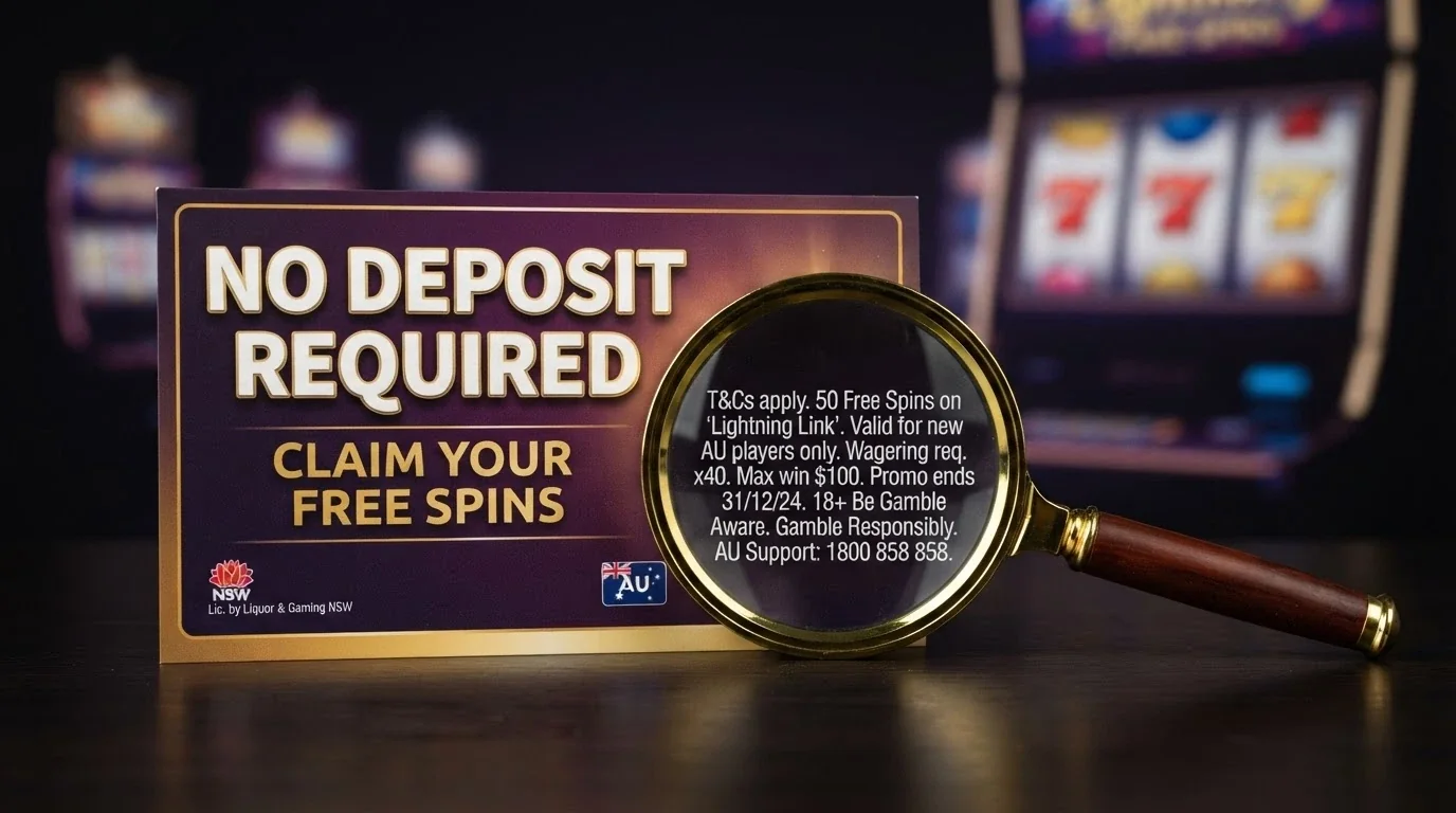 A casino promotion pop-up reading “No Deposit Required — Claim Your Free Spins”, with small-print terms magnified by a loupe overlaid