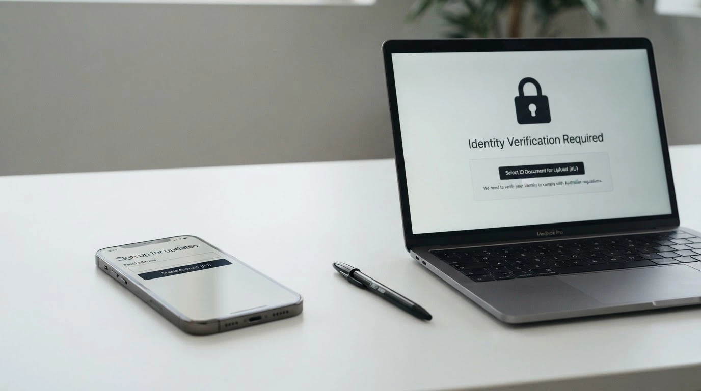 A casino sign-up form with only an email field visible, beside a locked withdrawal screen demanding identity documents