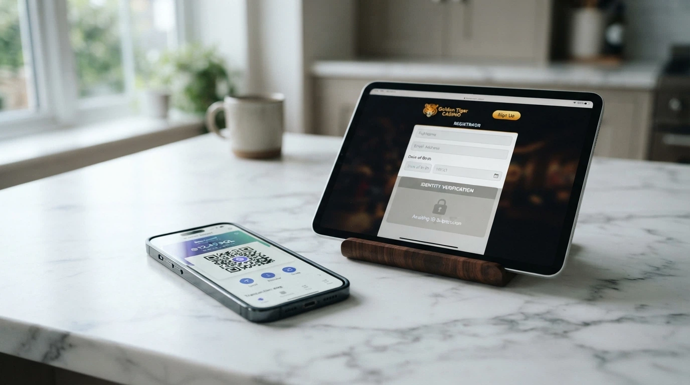 A smartphone displaying a cryptocurrency wallet QR code beside a casino signup screen with the identity-verification section greyed out