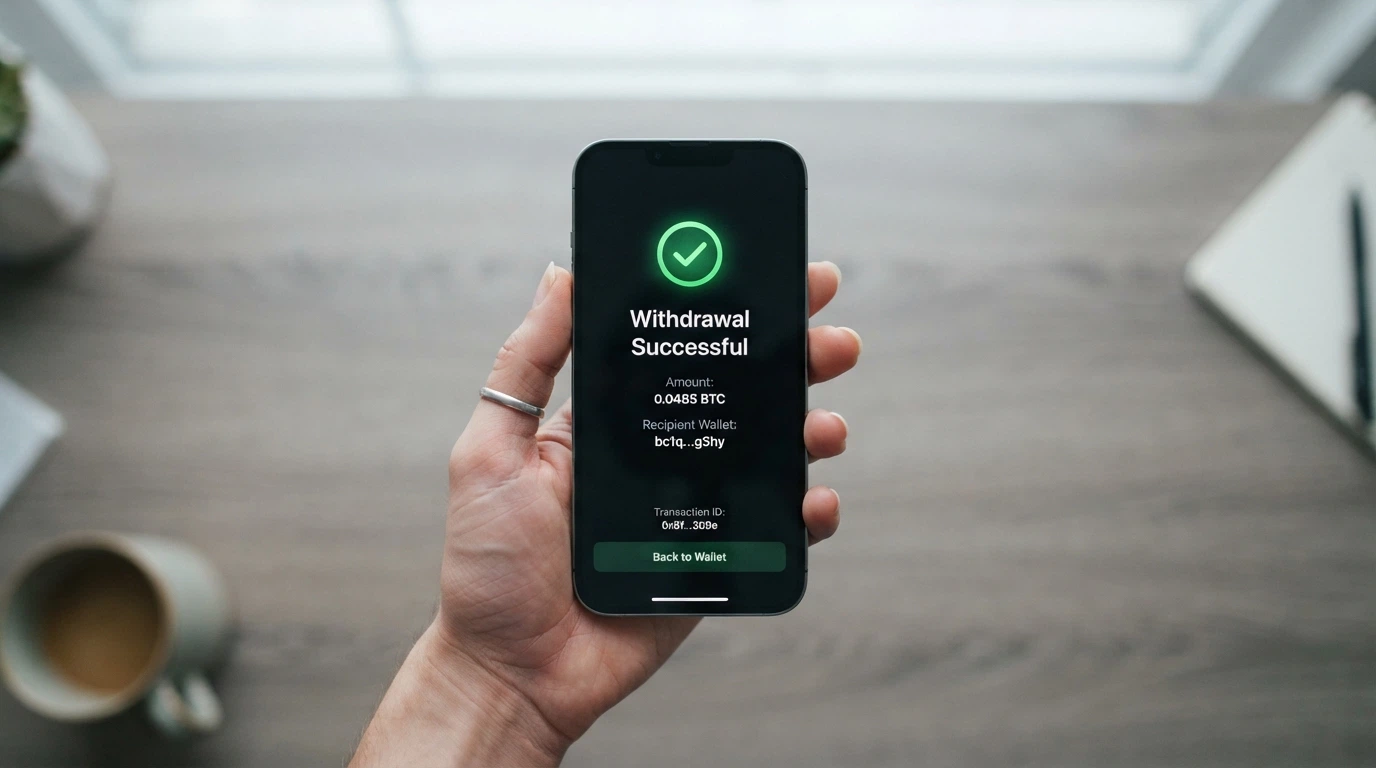 A smartphone displaying a crypto casino withdrawal confirmation screen with no identity-verification prompt visible