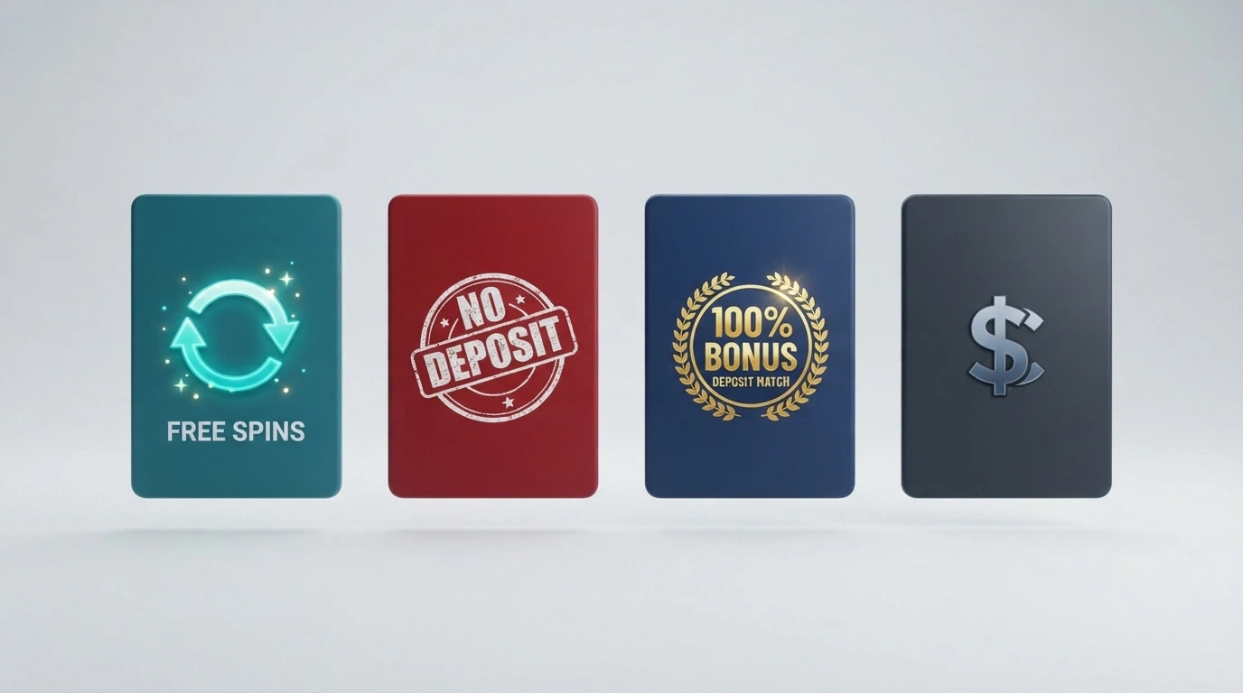 Four stylised cards laid out side by side, each representing a bonus type: a free-spin icon, a no-deposit stamp, a deposit-match percentage badge and a bitcoin symbol