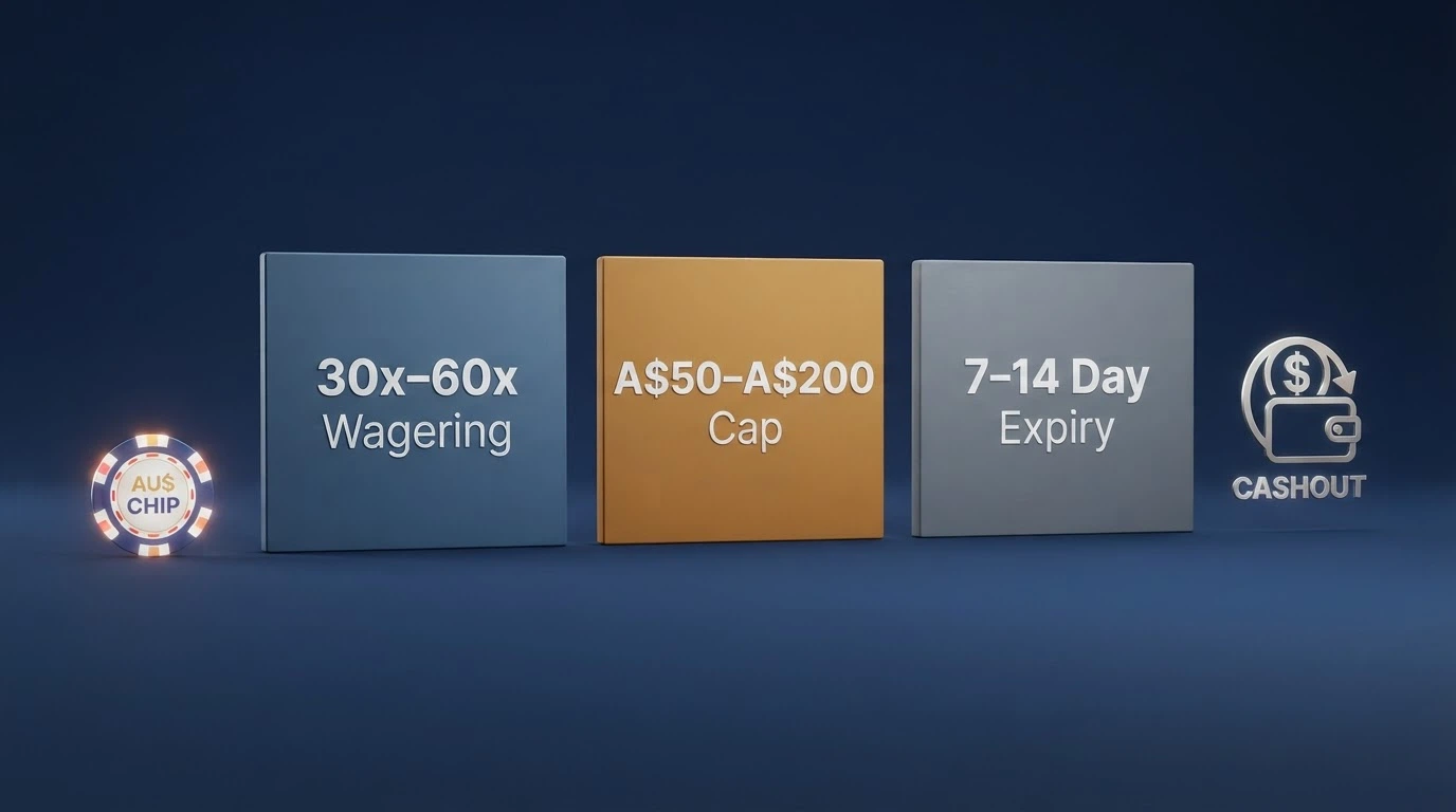 A visual breakdown of a $10 no-deposit bonus showing three labelled gates between the bonus and a cashout: “30x–60x Wagering,” “A$50–A$200 Cap,” and “7–14 Day Expiry”