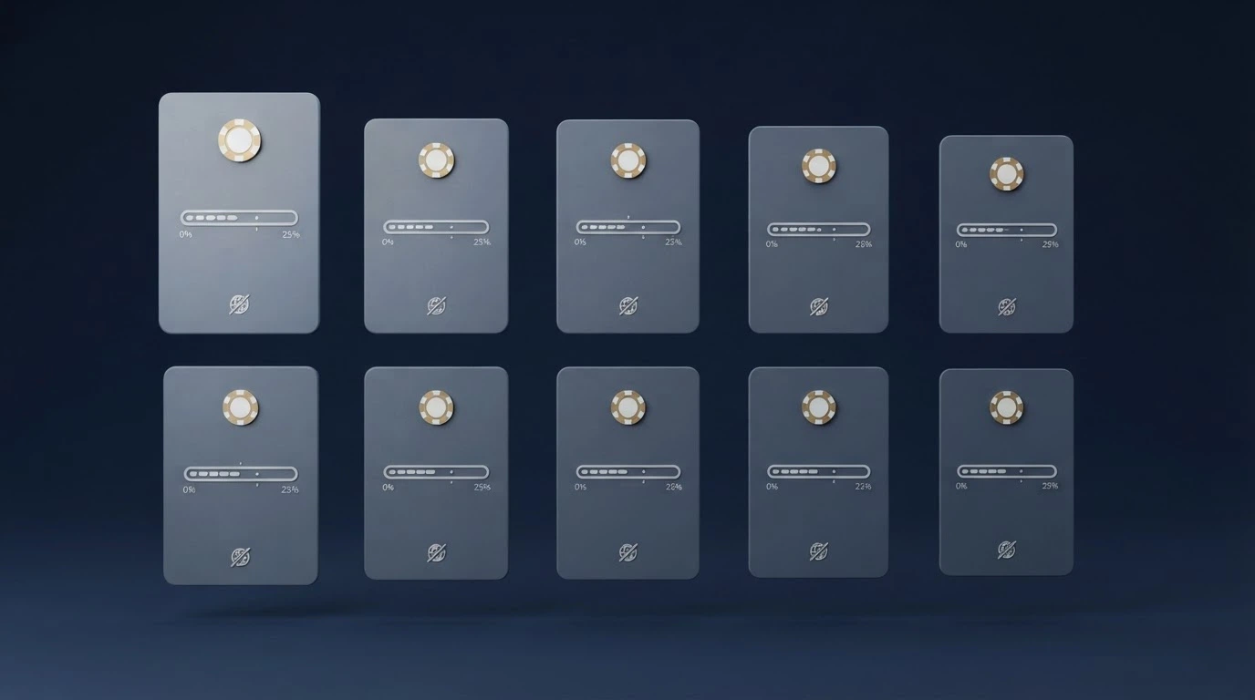 A clean comparison layout showing ten operator cards arranged by market share, each with a cashback-percentage placeholder and an offshore-status marker