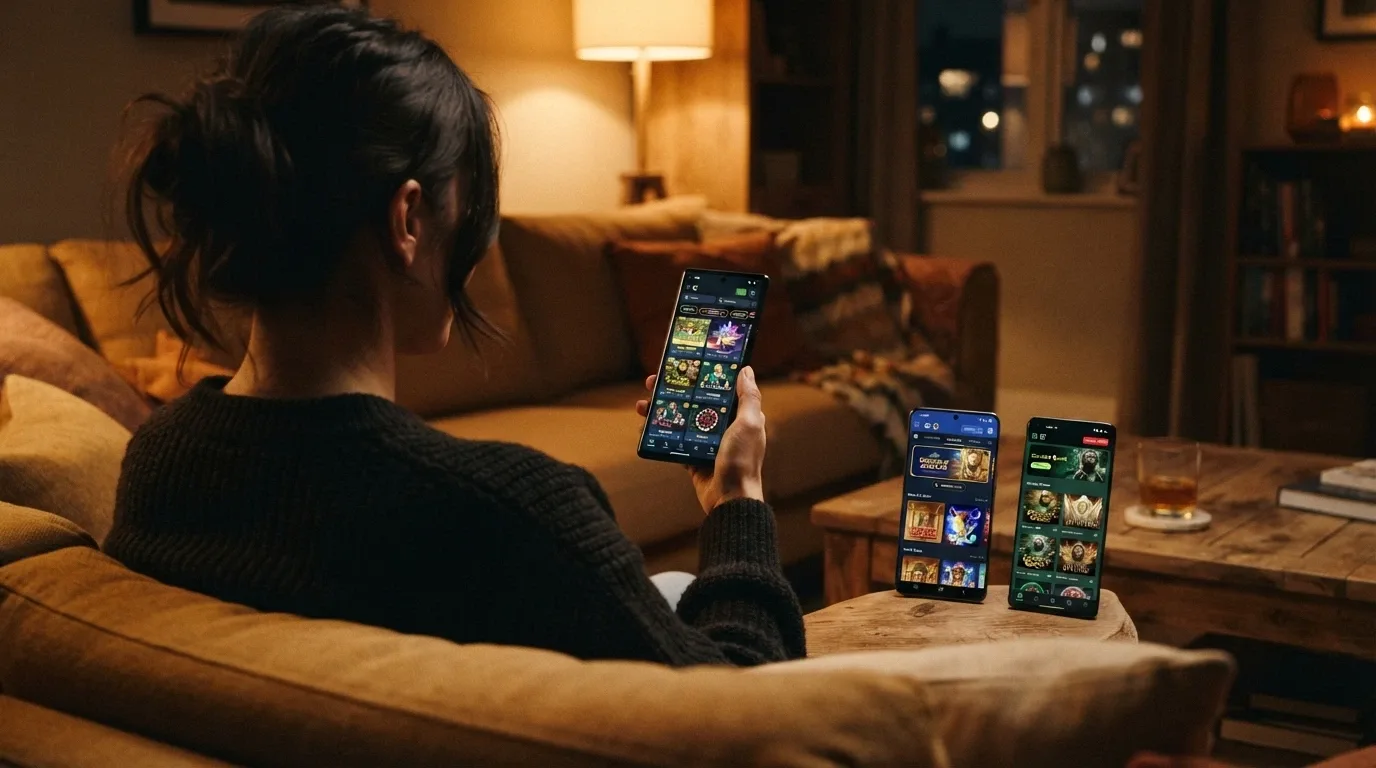 A grid of casino app home screens on Android devices, each showing a different brand's mobile lobby