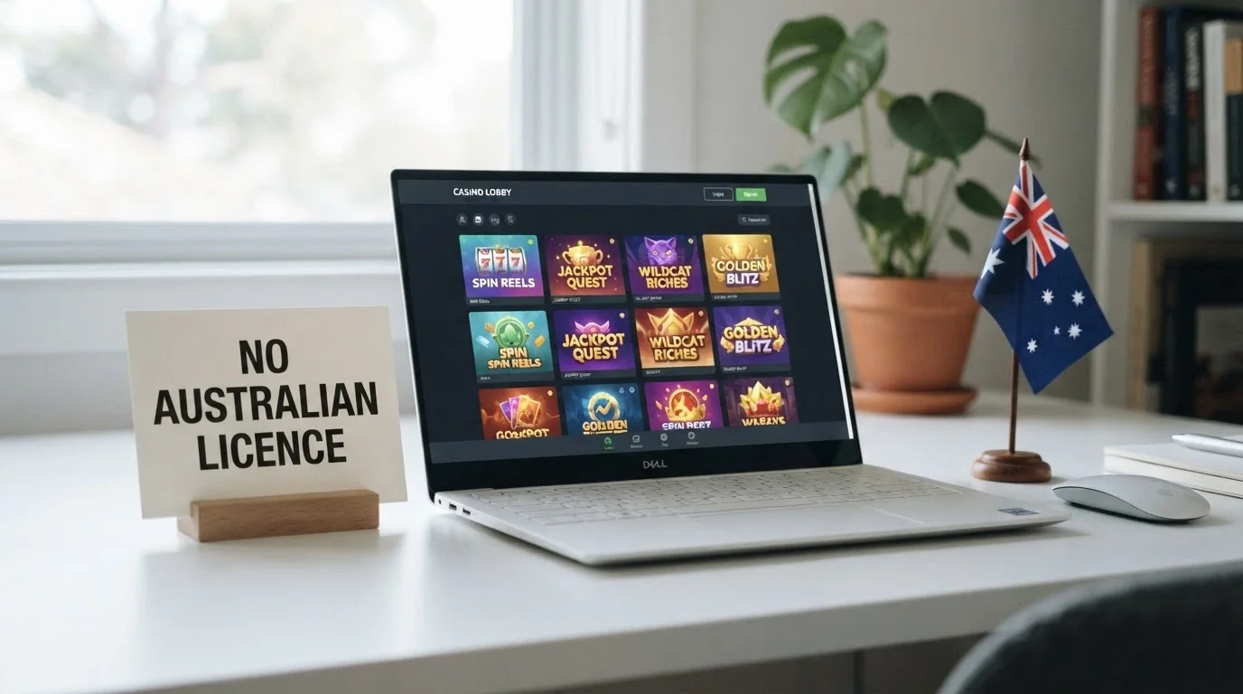 A sign reading “No Australian Licence” beside a computer screen showing an online casino lobby, with the Australian flag visible but disconnected from the screen