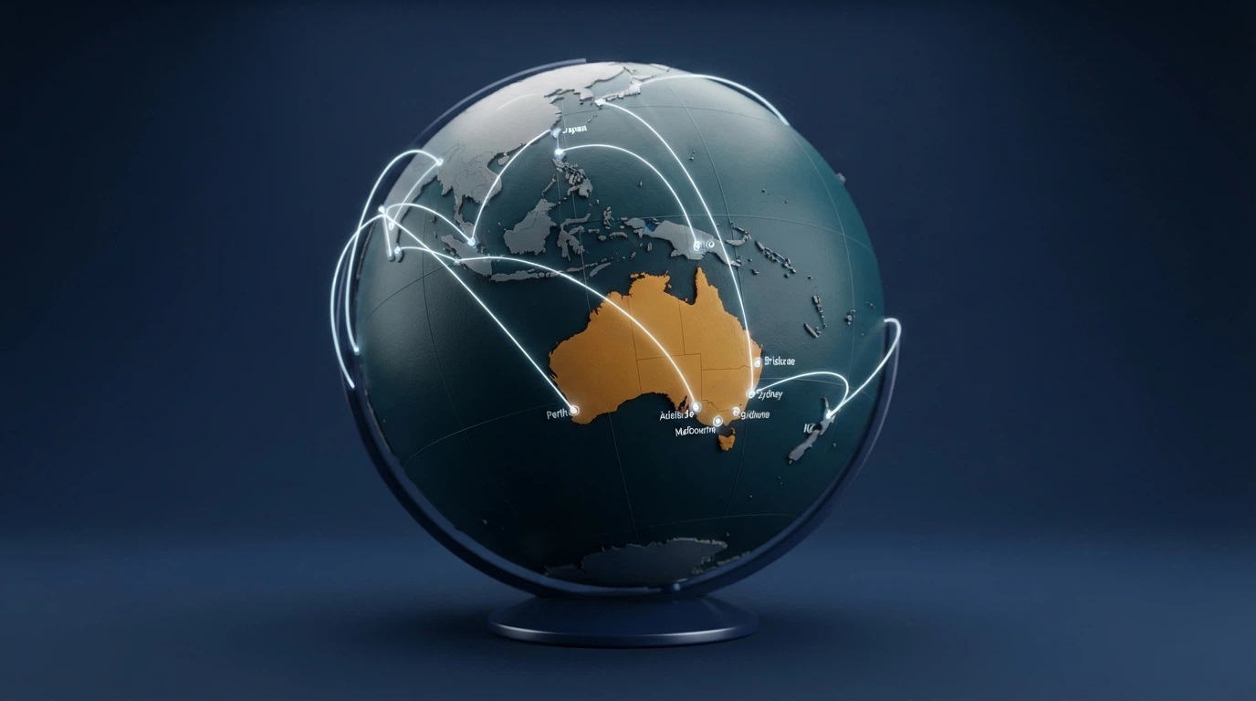 Illustration of server locations outside Australia connecting to an AU-shaped user icon