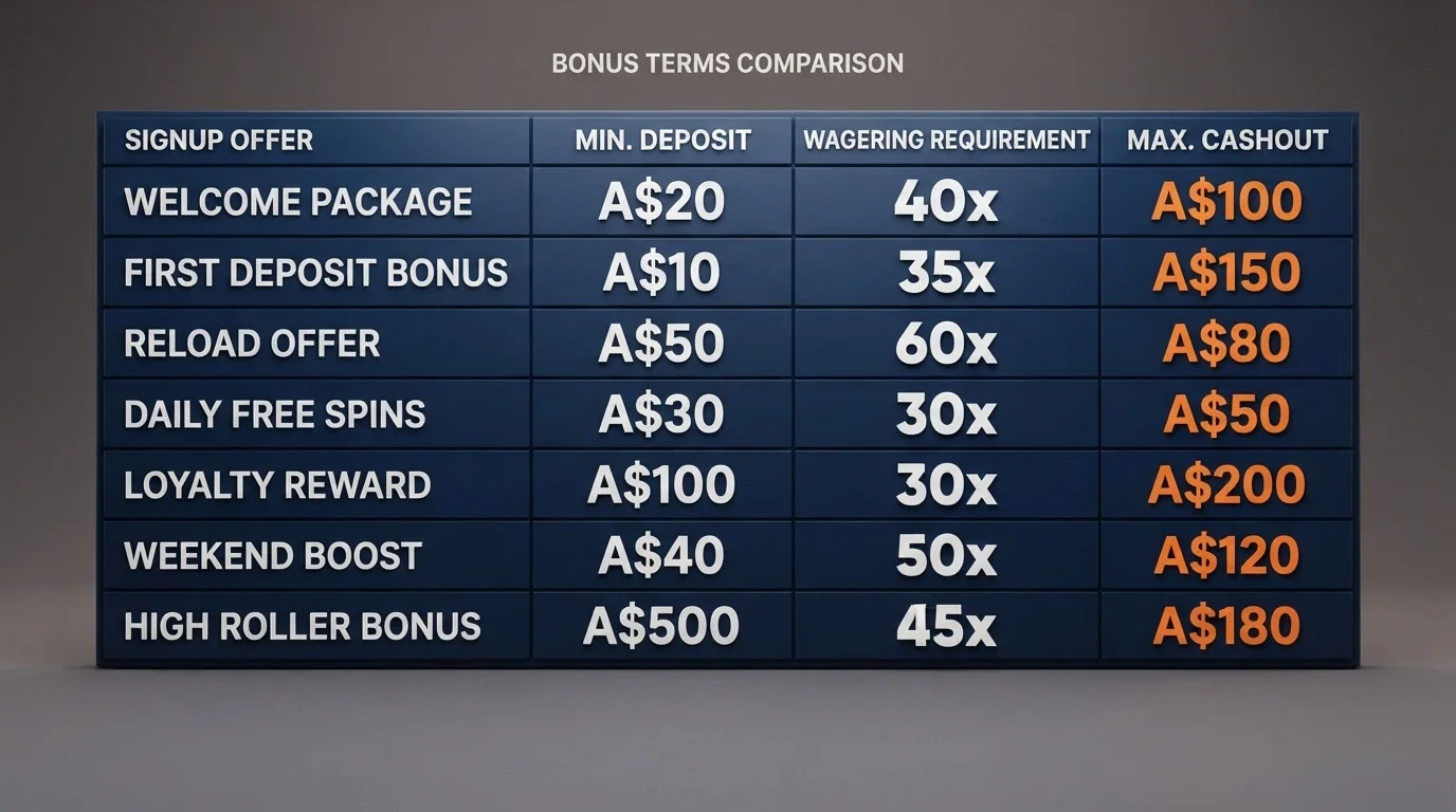 A comparison grid of the featured operators' no-deposit bonus terms with the wagering and cashout figures highlighted