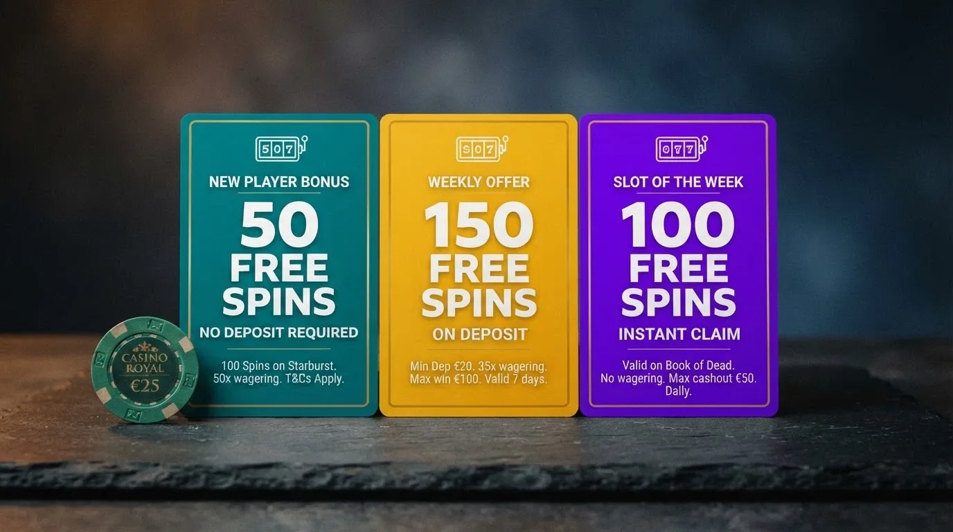 A side-by-side comparison view of casino offer cards with different no-deposit free-spin counts and terms displayed.
