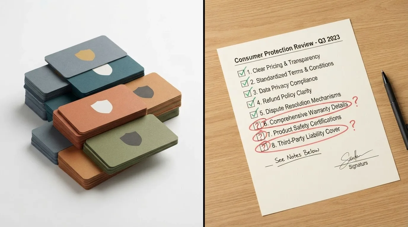 A split-frame visual: one side showing casino brand cards with licence badges, the other showing an Australian consumer-protection checklist with gaps marked