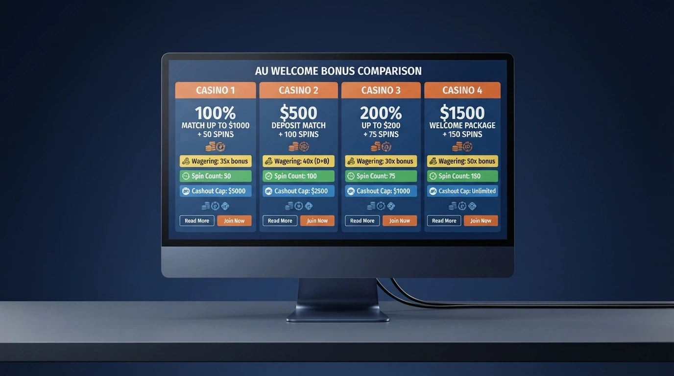A desktop screen showing a side-by-side comparison grid of online casino welcome pages with key terms highlighted