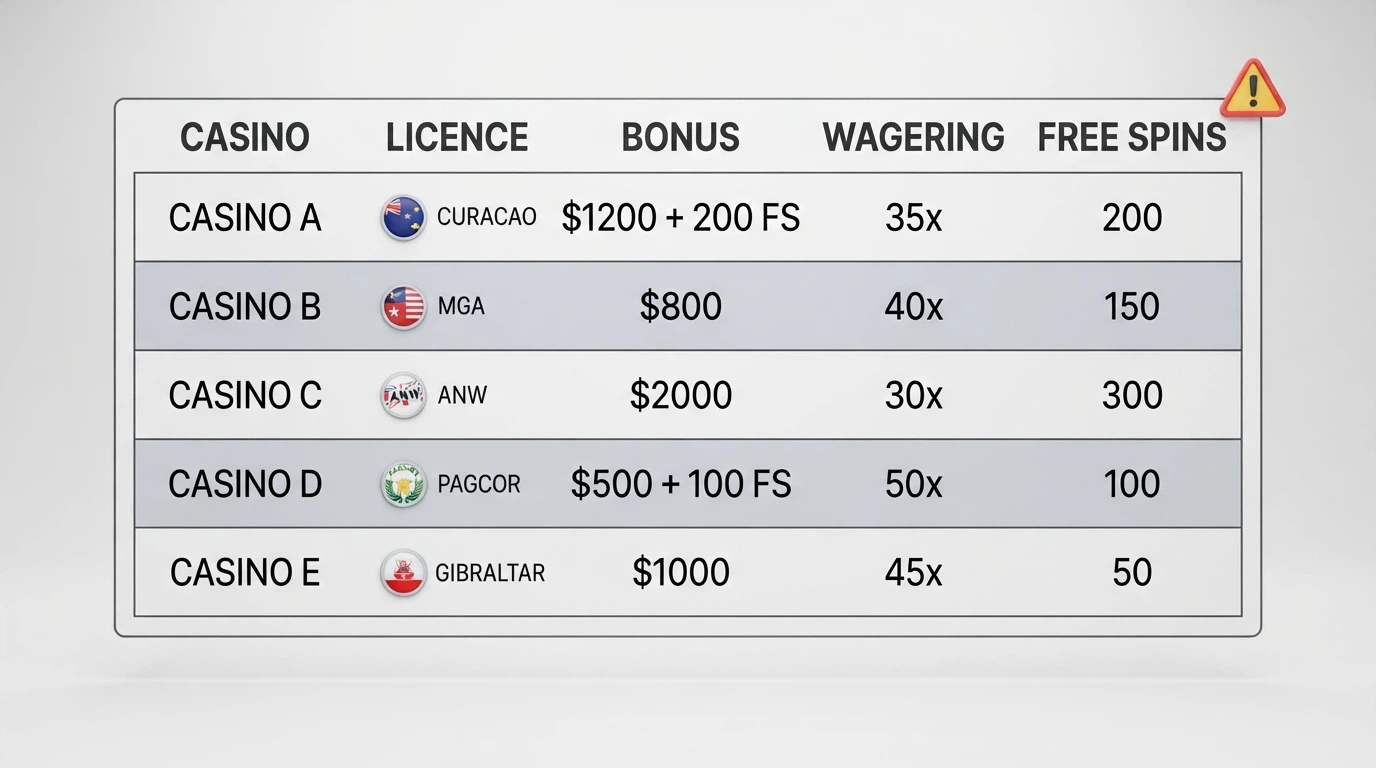 A comparison table showing offshore casino names, licence badges, bonus amounts and wagering multiples for Australian players