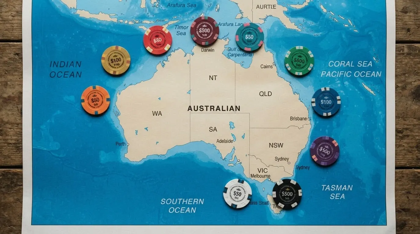 Ten casino-branded chips lined up on a map of Australia, all positioned offshore in the surrounding ocean