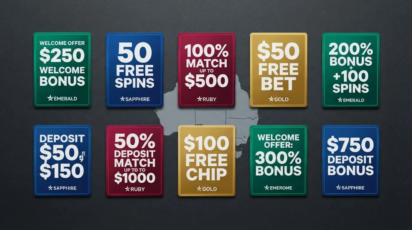 A side-by-side layout of ten casino-brand cards arranged as a comparison grid, each showing a different welcome-offer badge, with an Australian map silhouette watermarked behind them