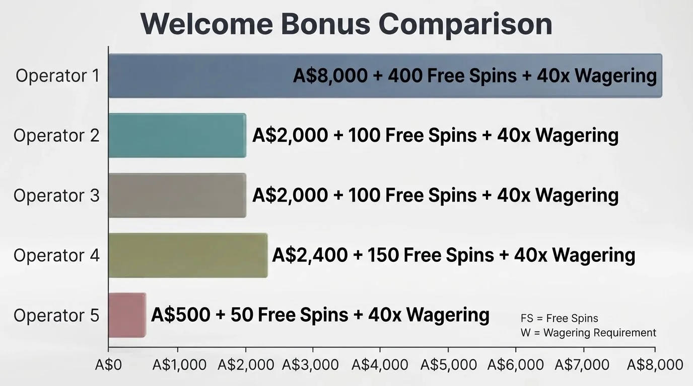 A comparison chart showing welcome bonuses, free spins and wagering multiples across the featured iPhone casino operators