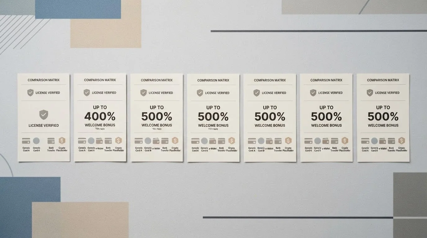 A side-by-side visual of operator cards with key stats — licence status, welcome offer, payment methods — laid out as a comparison.