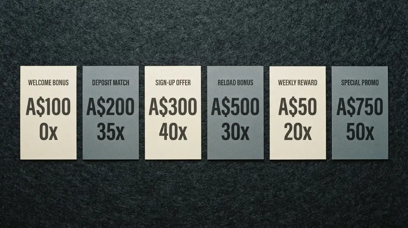 A side-by-side arrangement of casino-branded cards on a dark surface, each showing a different bonus headline figure with the wagering multiplier visibly stamped on each card