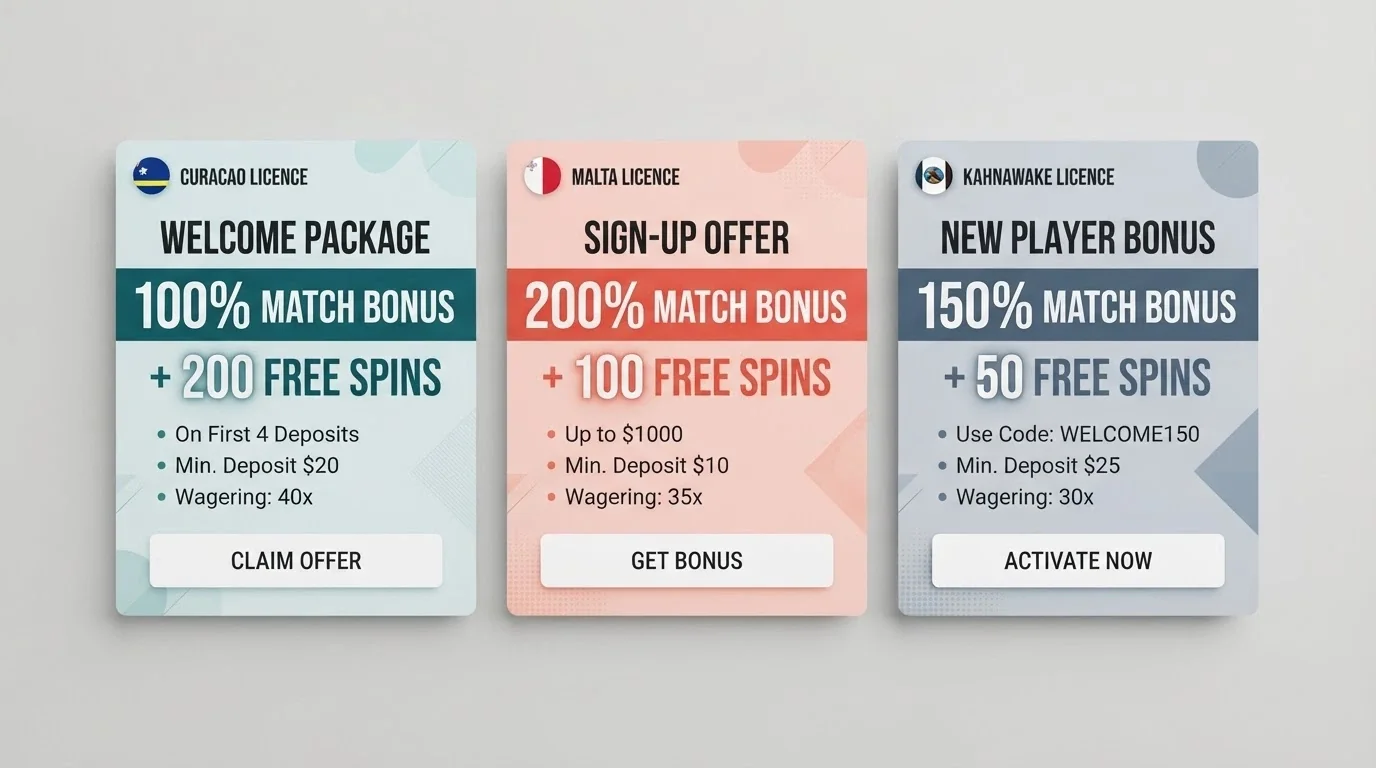 A side-by-side visual comparison of operator welcome-offer cards, each showing its headline match and free-spin count, with the offshore licence flag visible