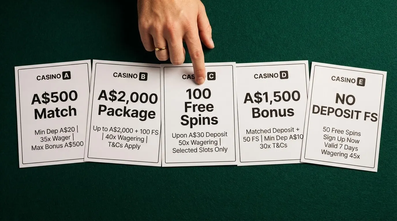 A side-by-side comparison view of casino welcome-bonus cards with different bonus amounts, wagering multipliers and free-spin counts