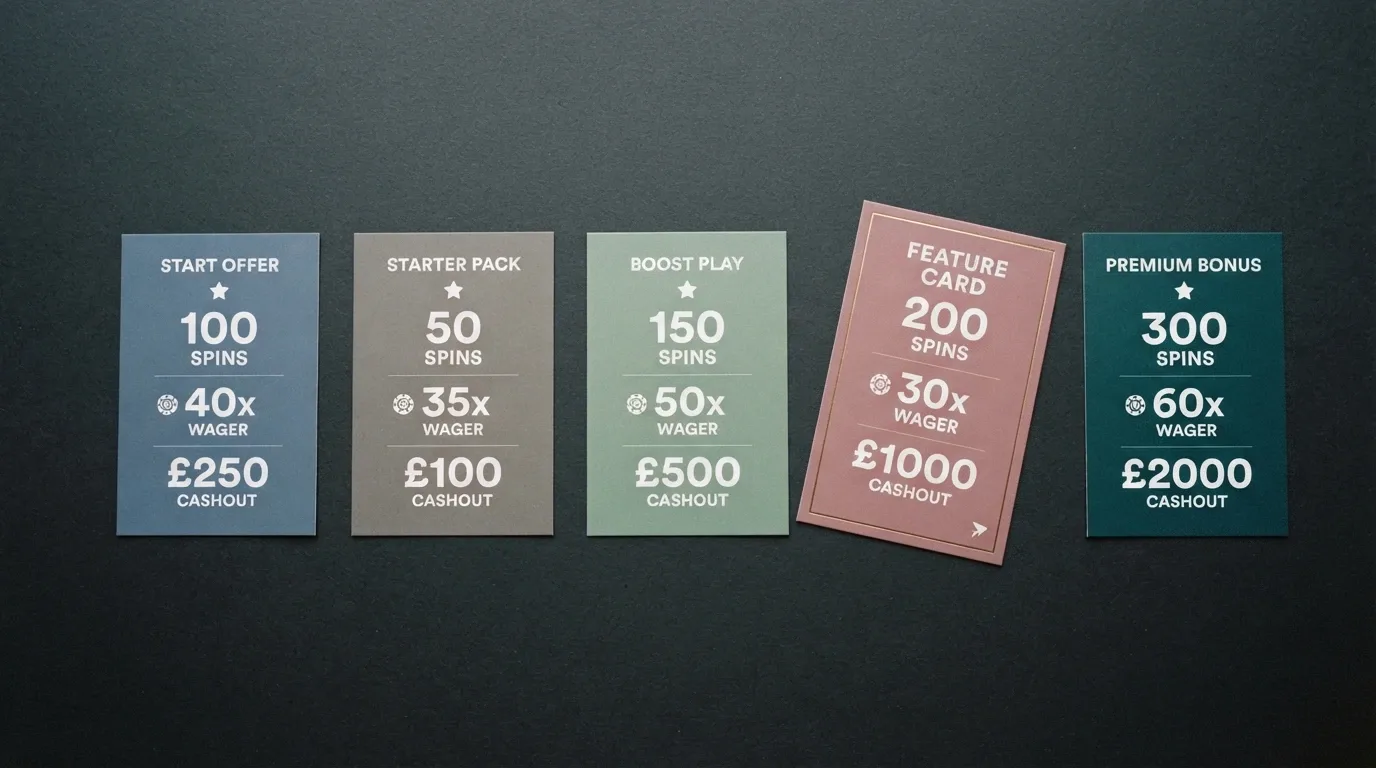 A side-by-side comparison grid of casino offer cards, each showing a different free-spin count, wagering multiple and cashout cap, with one card highlighted in a different colour