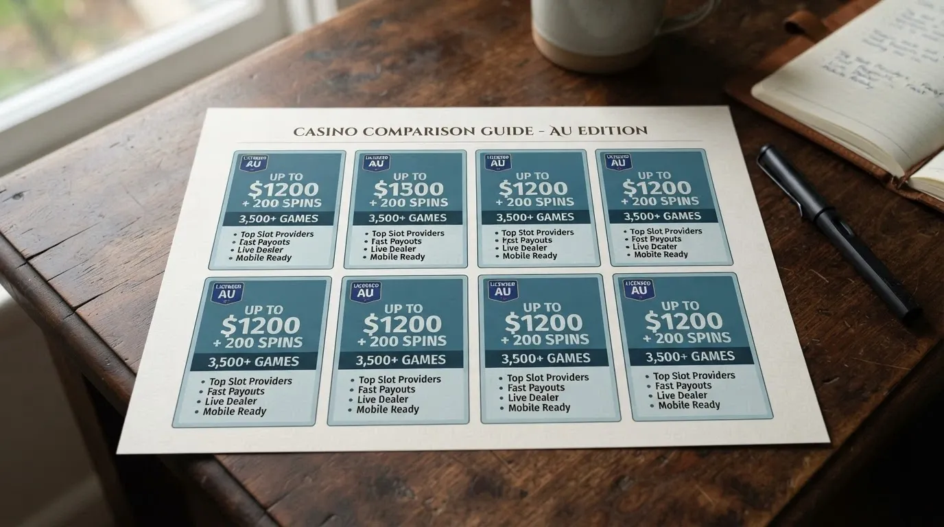 A side-by-side visual summary of casino cards showing licence badges, welcome-offer figures and game-library counts for the featured operators