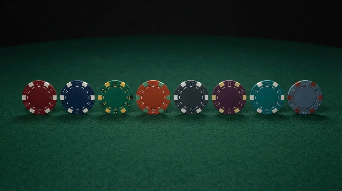 A row of casino-branded chips or cards lined up in a comparison layout, each with a different colour and logo, against a dark felt background