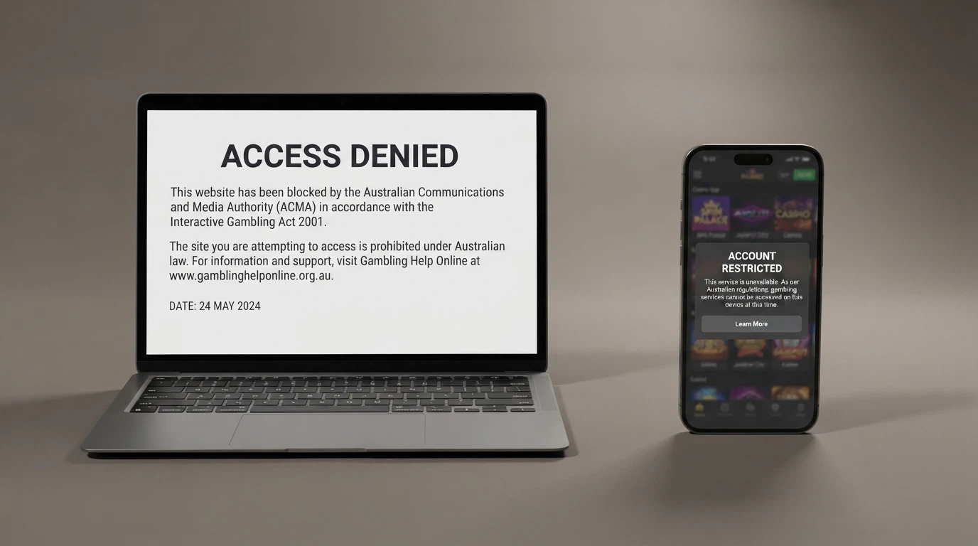 A Curaçao gambling licence certificate beside an ACMA website-blocking notice, with the Interactive Gambling Act 2001 visible in the background