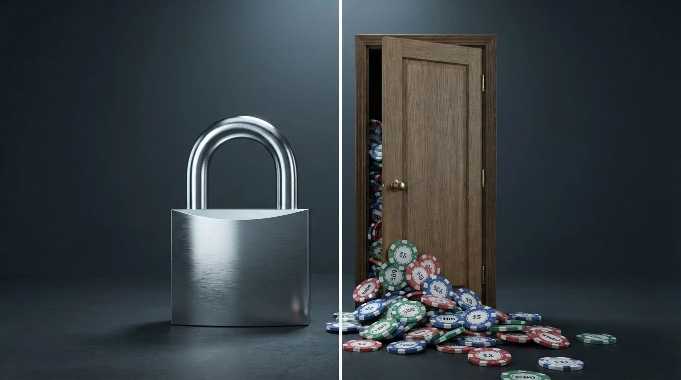 A split composition: on one side the ACMA logo and a padlock, on the other an unlocked door with casino chips spilling through