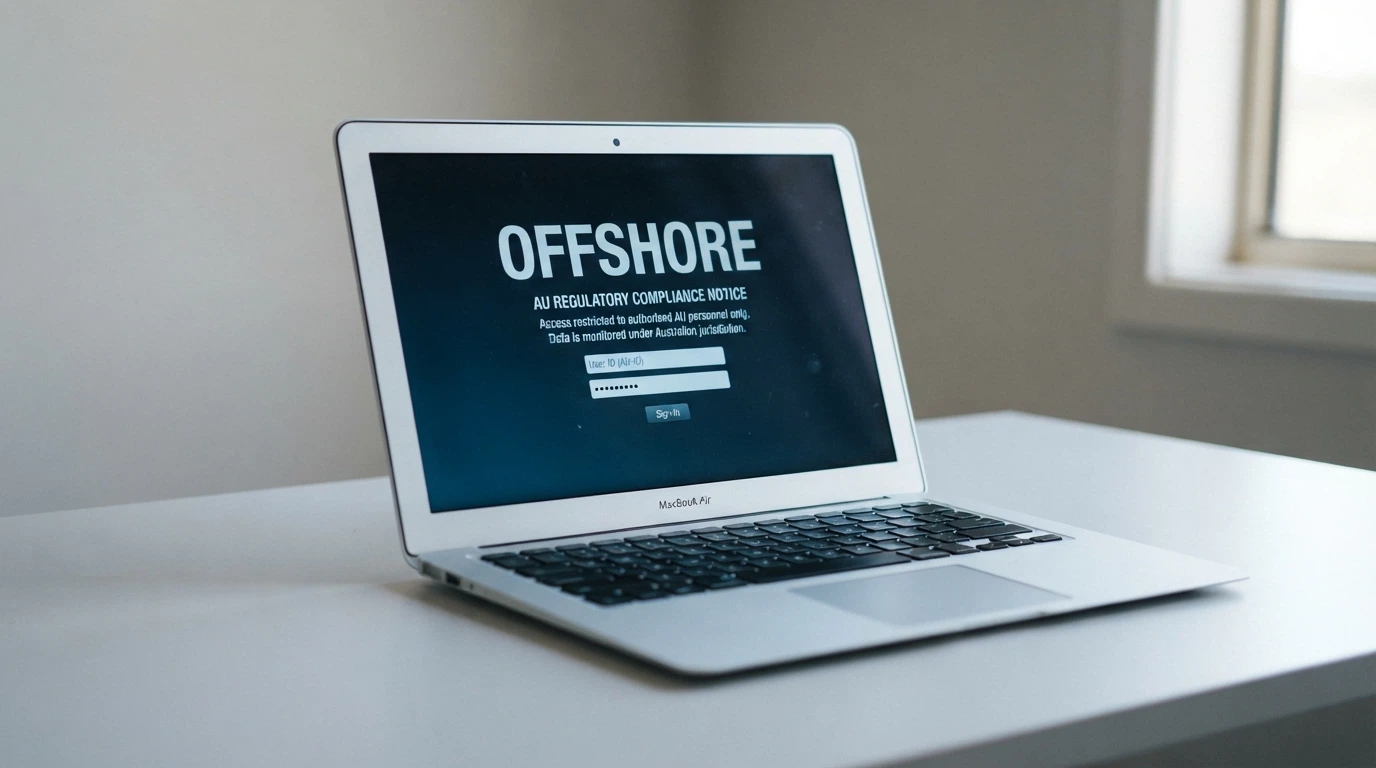 A close-up of a laptop screen displaying an official-looking regulatory warning notice alongside casino login fields, with the word “OFFSHORE” visible