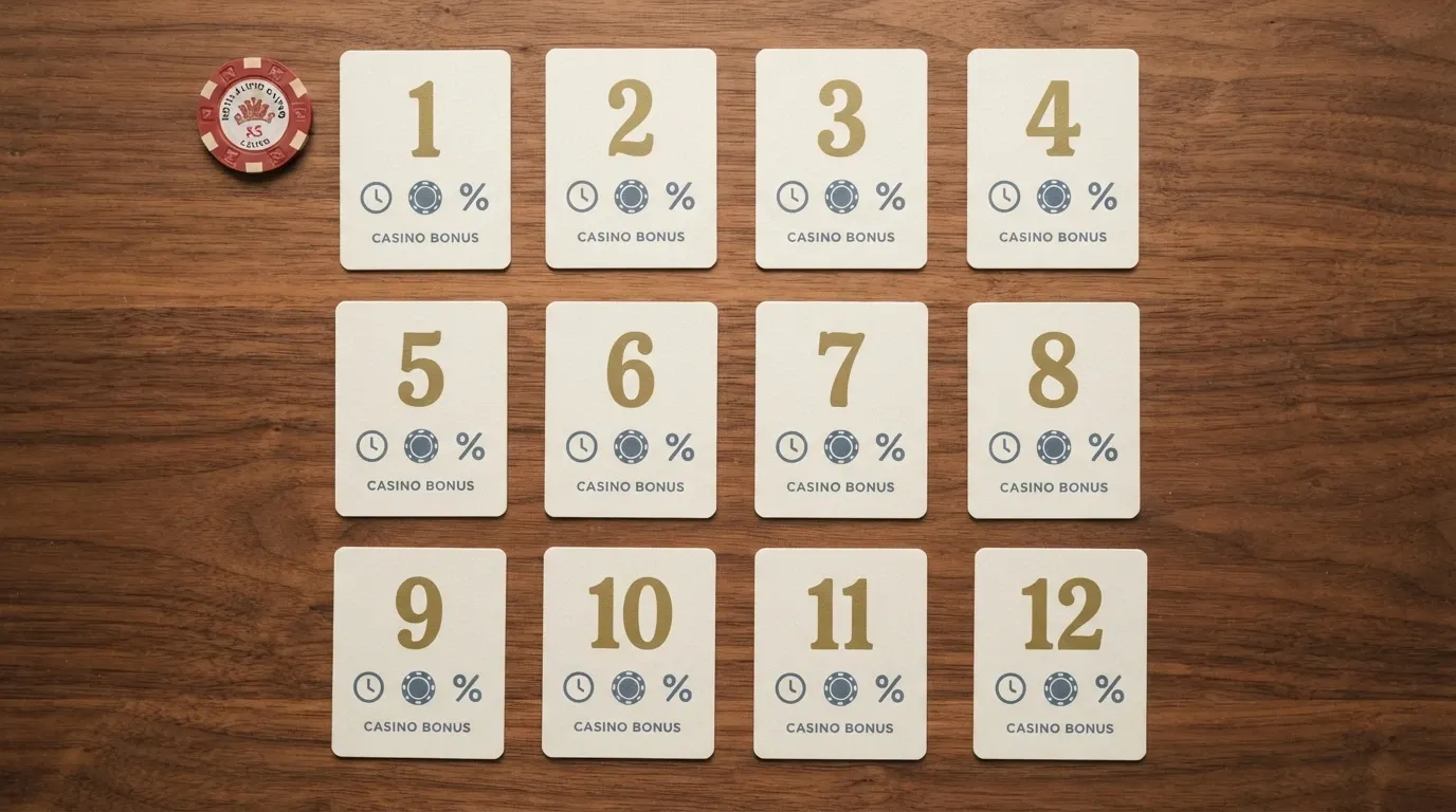 A side-by-side grid of casino brand cards with key offer terms visible beneath each logo